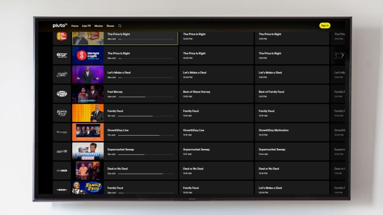 Pluto TV's Daytime and Game Shows category, including a Buzzr channel