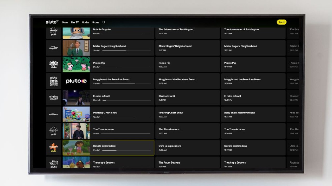 Pluto TV's Kids category showing Nickelodeon and Nick Jr. channels