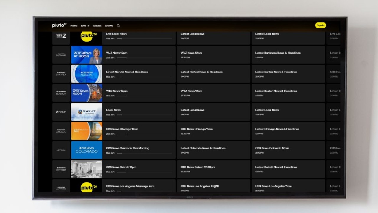 Pluto TV's Local News category, showing CBS News channels for major markets